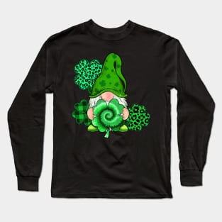 Happy St. Patrick's Day Leopard Tie Dye Shamrock Gnome Long Sleeve T-Shirt